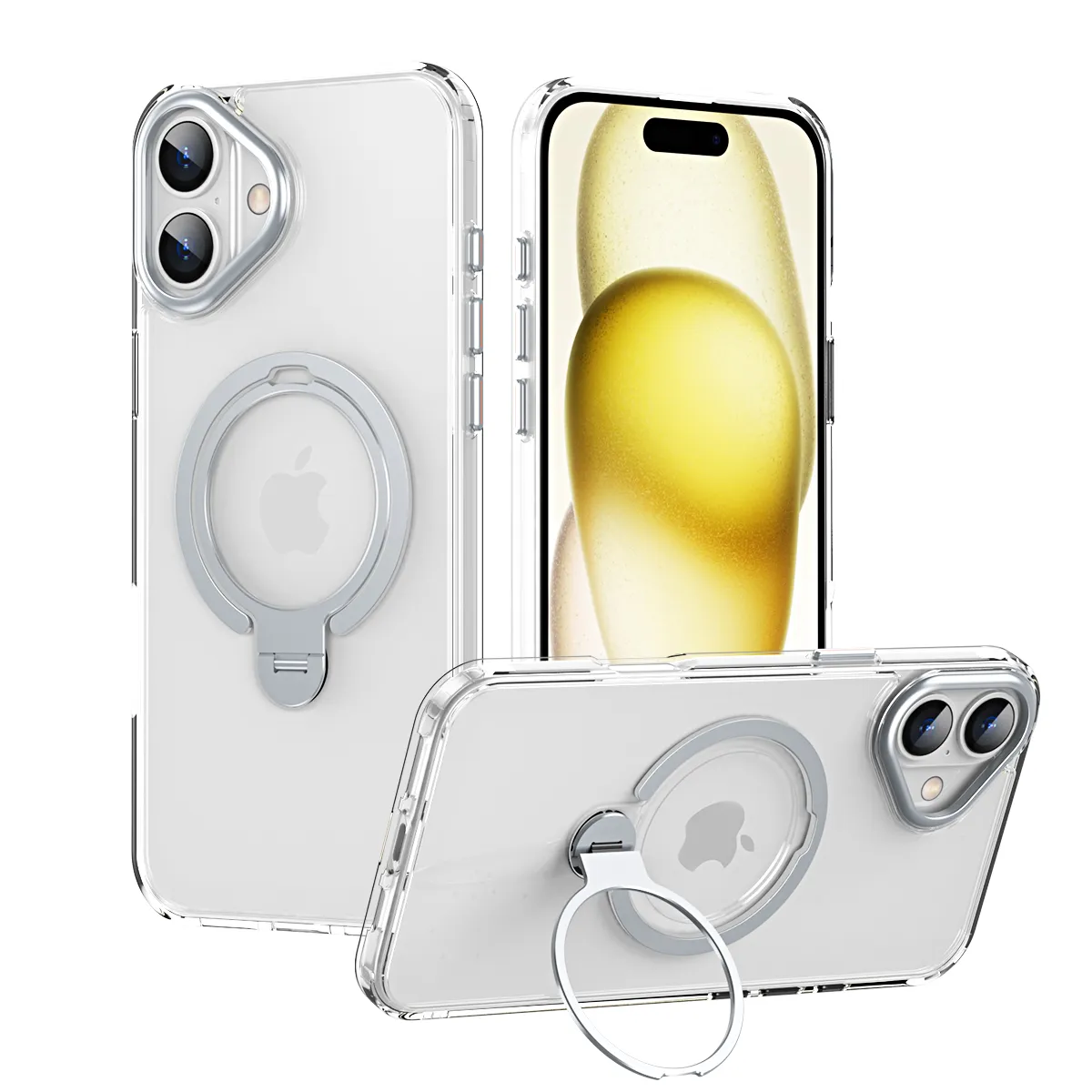 Double Ring 360 Magnetic Attraction iPhone16 Double Ten Silicone Half Transparent Phone
