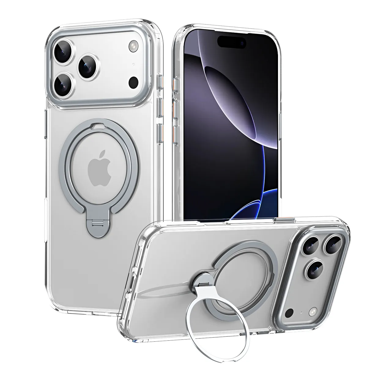 Double Ring 360 Magnetic Attraction iPhone17ProMax Double Ten Silicone Half Transparent Phone